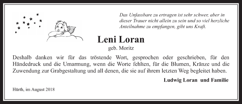  Traueranzeige für Leni Loran vom 01.08.2018 aus  Wochenende 