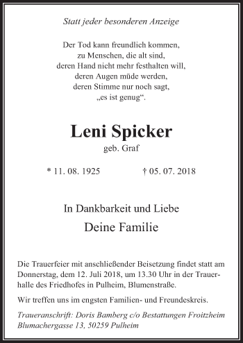 Anzeige von Leni Spicker von  Wochenende 