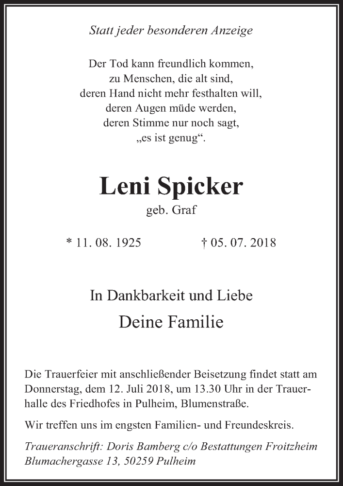  Traueranzeige für Leni Spicker vom 11.07.2018 aus  Wochenende 