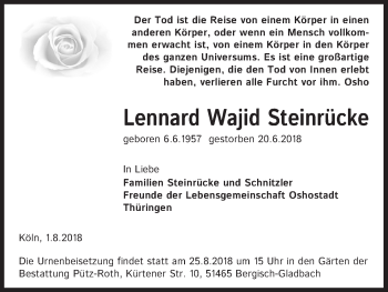 Anzeige von Lennard Wajid Steinrücke von Kölner Stadt-Anzeiger / Kölnische Rundschau / Express