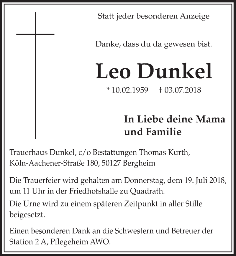  Traueranzeige für Leo Dunkel vom 14.07.2018 aus  Sonntags-Post 