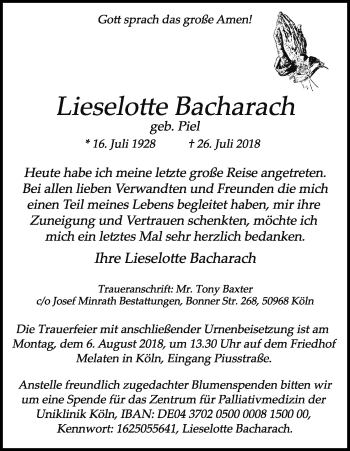 Anzeige von Lieselotte Bacharach von Kölner Stadt-Anzeiger / Kölnische Rundschau / Express