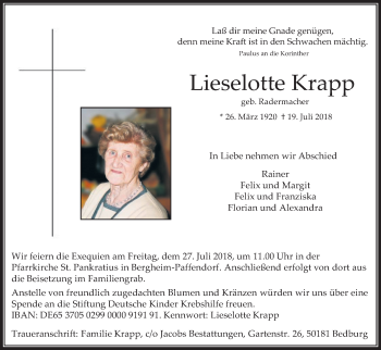 Anzeige von Lieselotte Krapp von BG