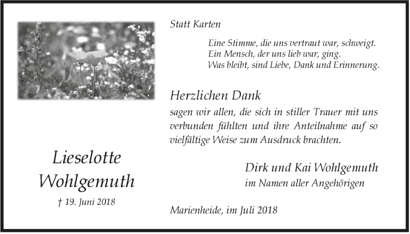  Traueranzeige für Lieselotte Wohlgemuth vom 25.07.2018 aus  Anzeigen Echo 
