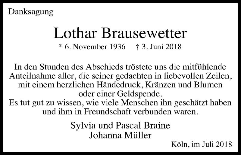  Traueranzeige für Lothar Brausewetter vom 14.07.2018 aus GS