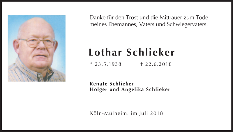  Traueranzeige für Lothar Schlieker vom 28.07.2018 aus EXKB