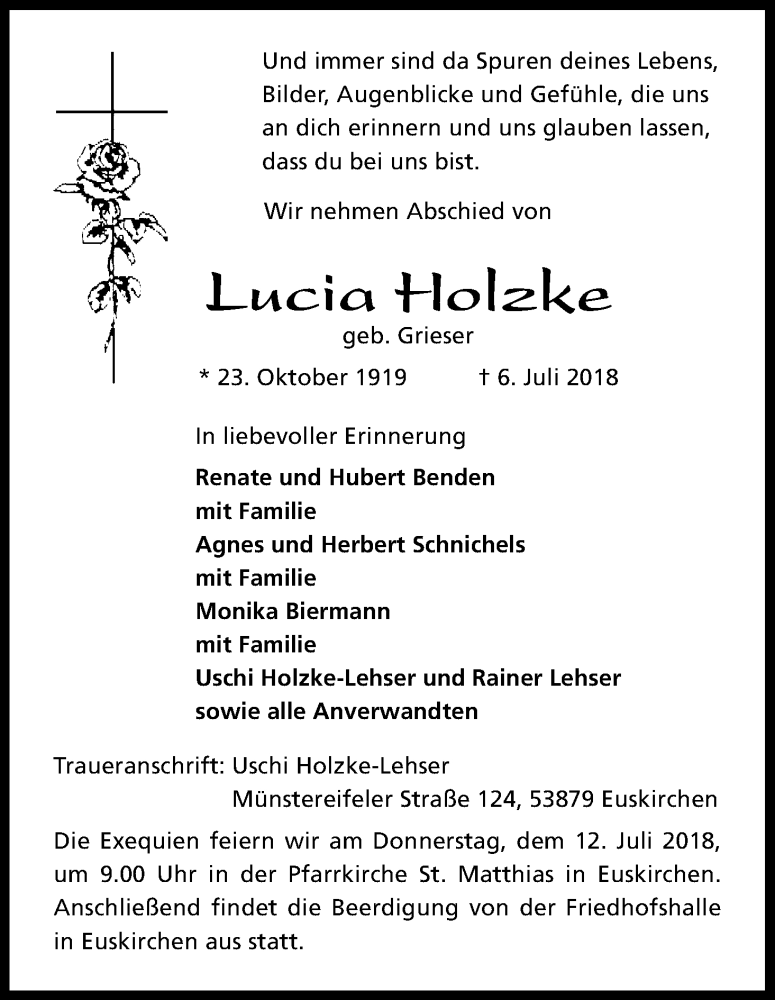  Traueranzeige für Lucia Holzke vom 10.07.2018 aus EN