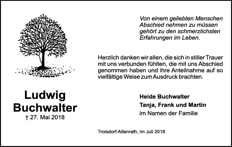  Traueranzeige für Ludwig Buchwalter vom 07.07.2018 aus HS