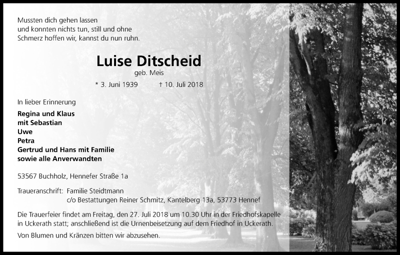  Traueranzeige für Luise Ditscheid vom 17.07.2018 aus Köln - Wir Trauern