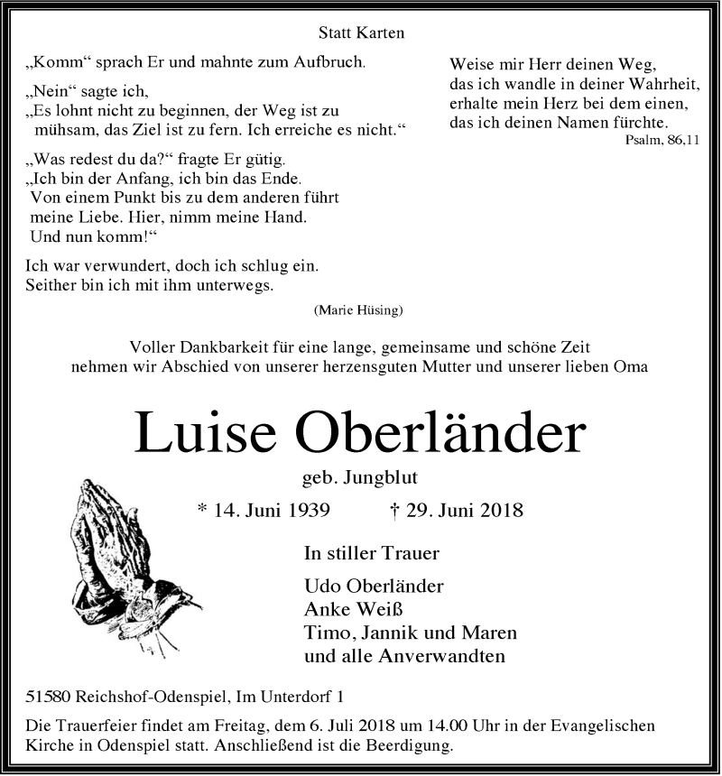  Traueranzeige für Luise Oberländer vom 04.07.2018 aus  Lokalanzeiger 