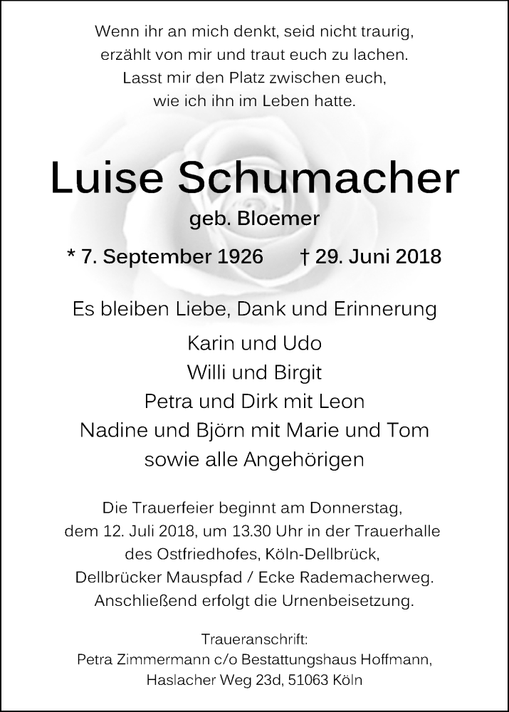  Traueranzeige für Luise Schumacher vom 07.07.2018 aus EXKB