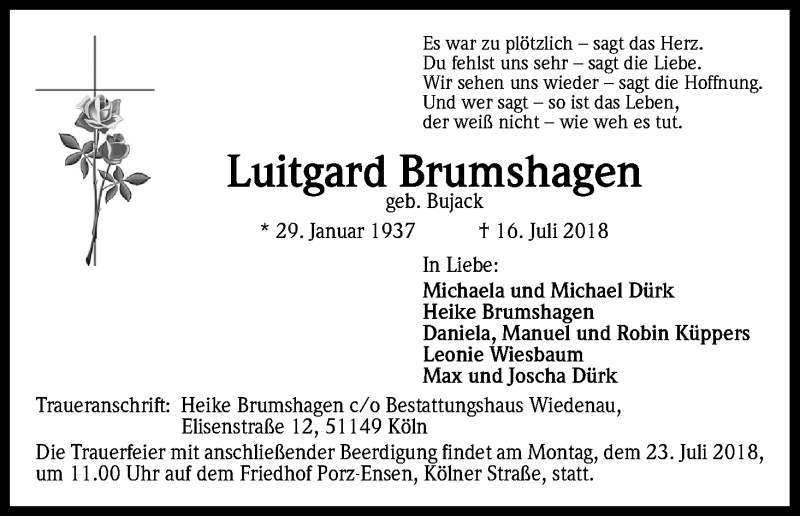  Traueranzeige für Luitgard Brumshagen vom 19.07.2018 aus GS