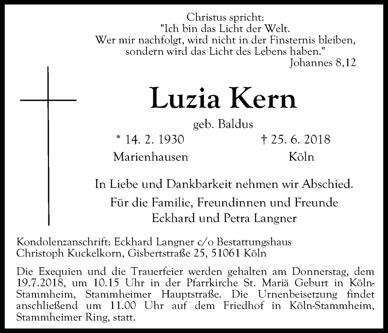  Traueranzeige für Luzia Kern vom 07.07.2018 aus GS
