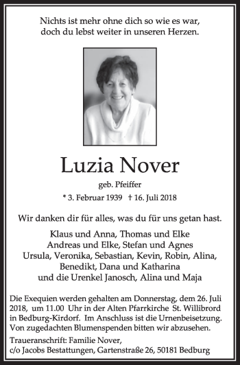 Anzeige von Luzia Nover von  Sonntags-Post 