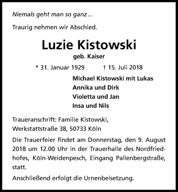 Anzeige von Luzie Kistowski von GS