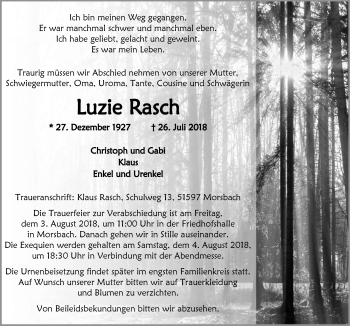 Anzeige von Luzie Rasch von  Lokalanzeiger 