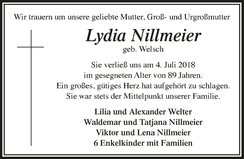 Traueranzeige für Lydia Nillmeier vom 11.07.2018 aus  Lokalanzeiger 