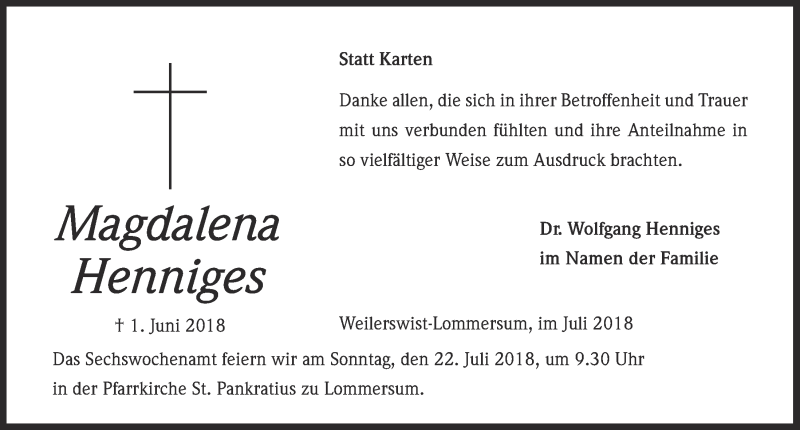  Traueranzeige für Magdalena Henniges vom 14.07.2018 aus  Blickpunkt Euskirchen 