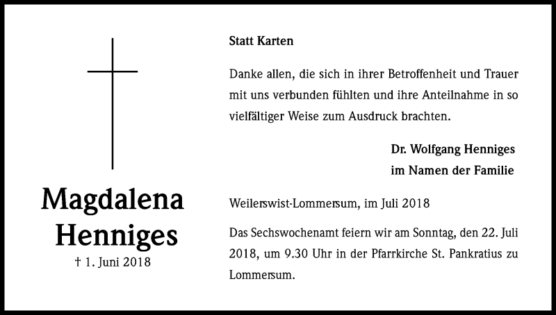  Traueranzeige für Magdalena Henniges vom 18.07.2018 aus EN