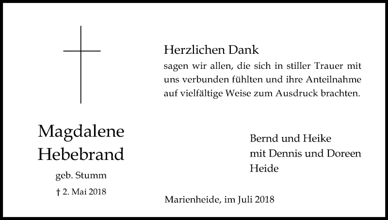  Traueranzeige für Magdalene Hebebrand vom 07.07.2018 aus OB