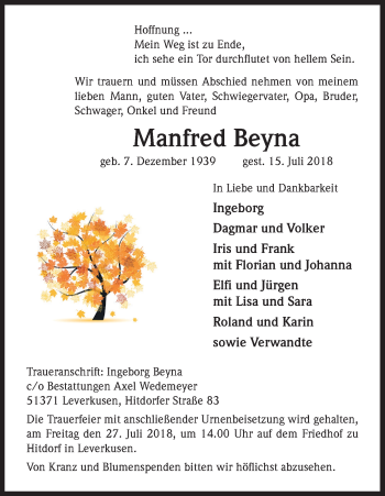 Anzeige von Manfred Beyna von SLE