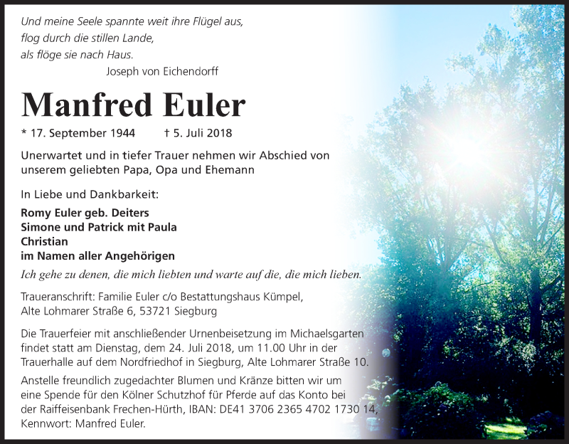  Traueranzeige für Manfred Euler vom 14.07.2018 aus HS