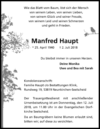 Anzeige von Manfred Haupt von HS