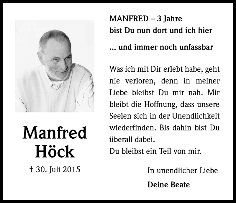  Traueranzeige für Manfred Höck vom 28.07.2018 aus GS