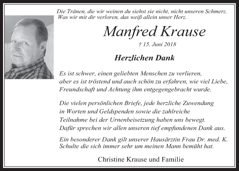  Traueranzeige für Manfred Krause vom 18.07.2018 aus  Wochenende 