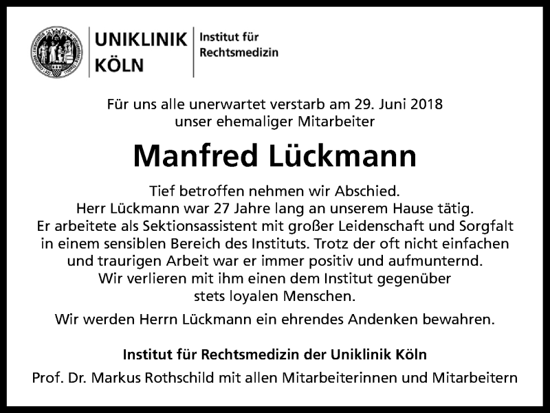  Traueranzeige für Manfred Lückmann vom 07.07.2018 aus GS