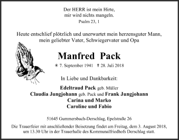 Anzeige von Manfred Pack von Kölner Stadt-Anzeiger / Kölnische Rundschau / Express