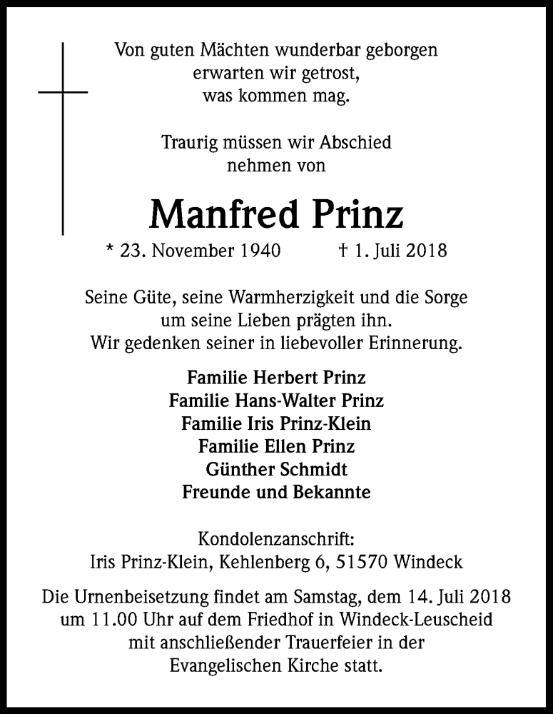  Traueranzeige für Manfred Prinz vom 07.07.2018 aus HS