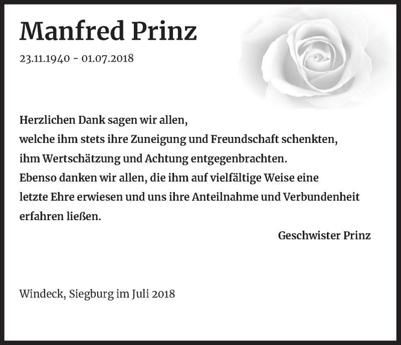  Traueranzeige für Manfred Prinz vom 28.07.2018 aus HB