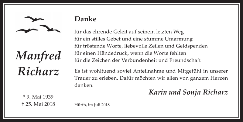  Traueranzeige für Manfred Richarz vom 11.07.2018 aus  Wochenende 