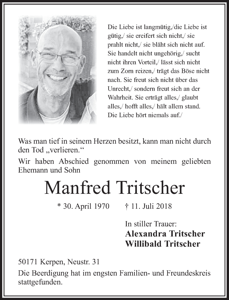  Traueranzeige für Manfred Tritscher vom 28.07.2018 aus  Sonntags-Post 