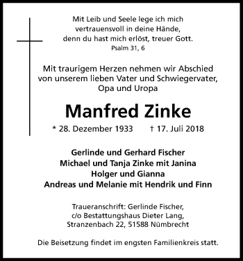 Anzeige von Manfred Zinke von OB