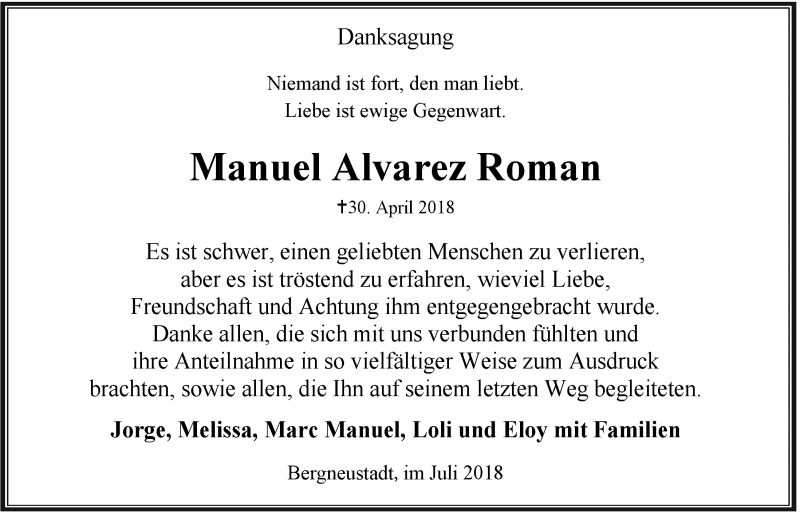  Traueranzeige für Manuel Alvarez Roman vom 18.07.2018 aus  Anzeigen Echo 