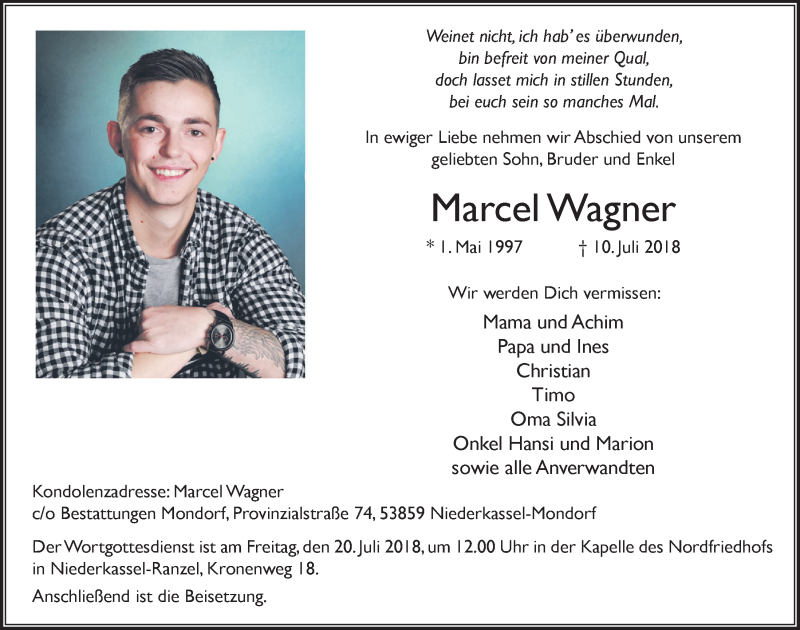  Traueranzeige für Marcel Wagner vom 18.07.2018 aus  Extra Blatt 