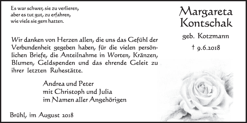  Traueranzeige für Margareta Kontschak vom 01.08.2018 aus  Schlossbote/Werbekurier 