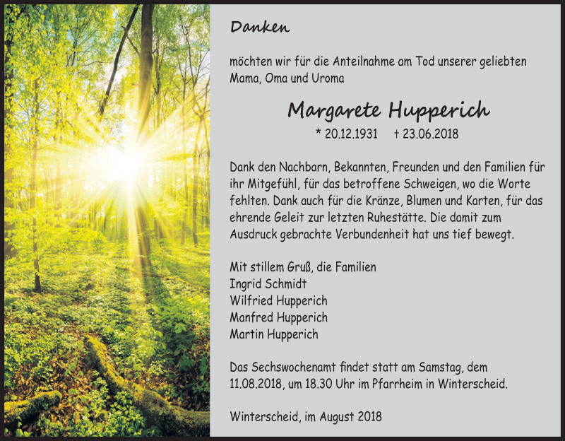  Traueranzeige für Margarete Hupperich vom 01.08.2018 aus Kölner Stadt-Anzeiger / Kölnische Rundschau / Express