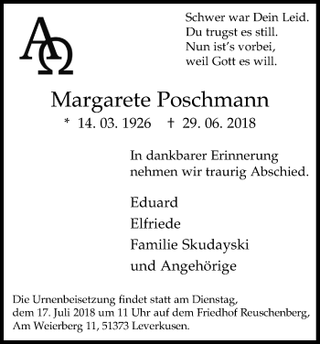 Anzeige von Margarete Poschmann von SLE