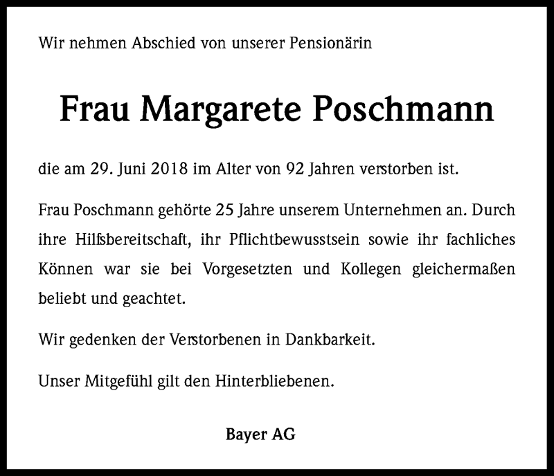  Traueranzeige für Margarete Poschmann vom 11.07.2018 aus SLE
