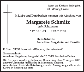 Anzeige von Margarete Schmitz von  Schlossbote/Werbekurier 