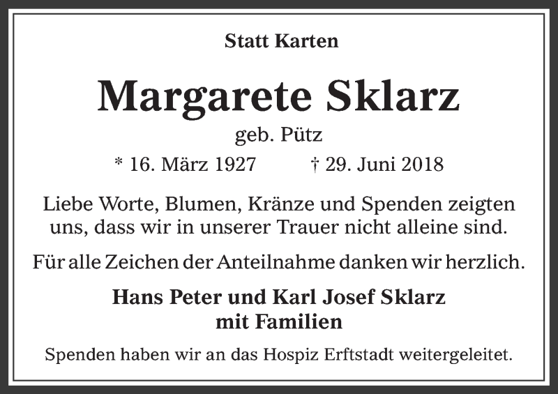  Traueranzeige für Margarete Sklarz vom 25.07.2018 aus  Werbepost 
