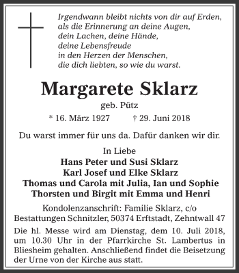Anzeige von Margarete Sklarz von  Werbepost 