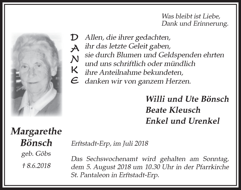  Traueranzeige für Margarethe Bönsch vom 25.07.2018 aus  Werbepost 