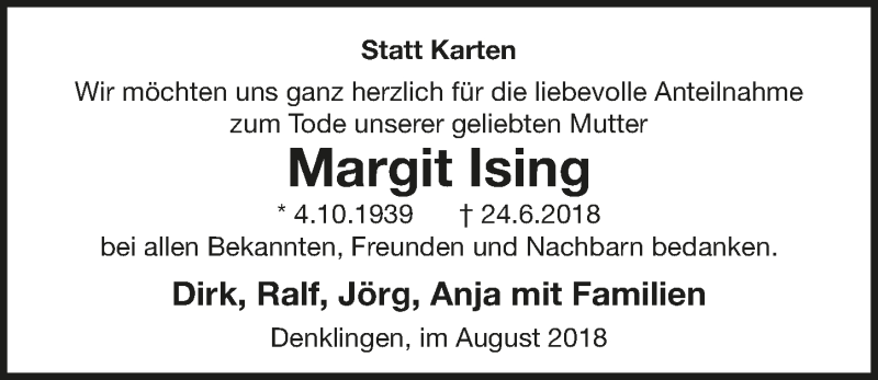  Traueranzeige für Margit Ising vom 01.08.2018 aus  Lokalanzeiger 