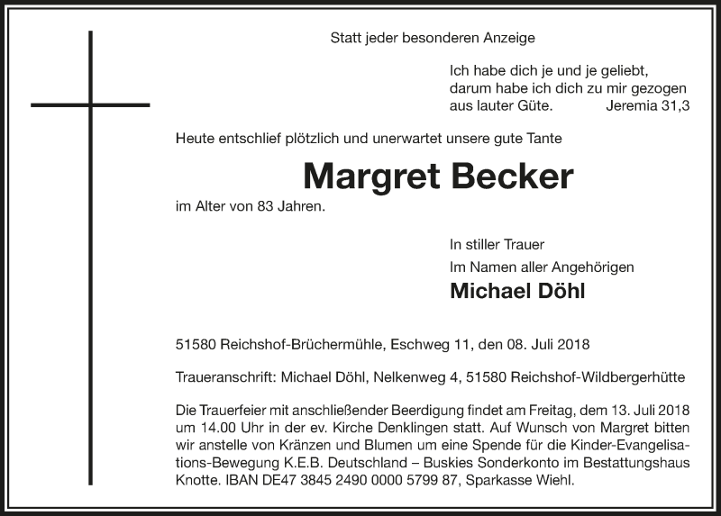  Traueranzeige für Margret Becker vom 11.07.2018 aus  Anzeigen Echo  Lokalanzeiger 