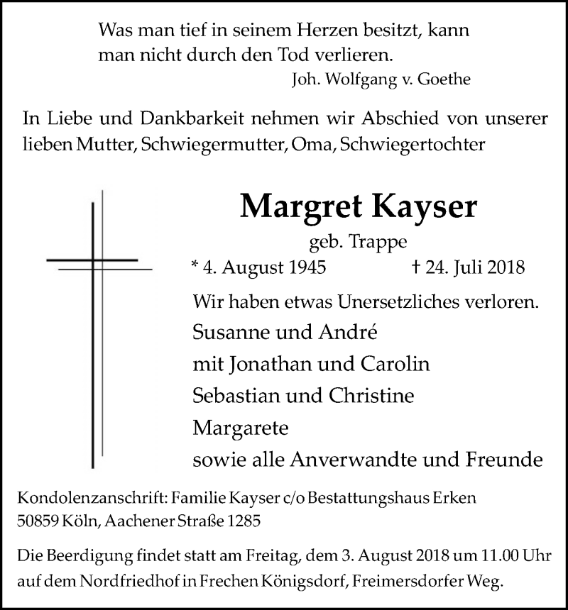  Traueranzeige für Margret Kayser vom 28.07.2018 aus GS