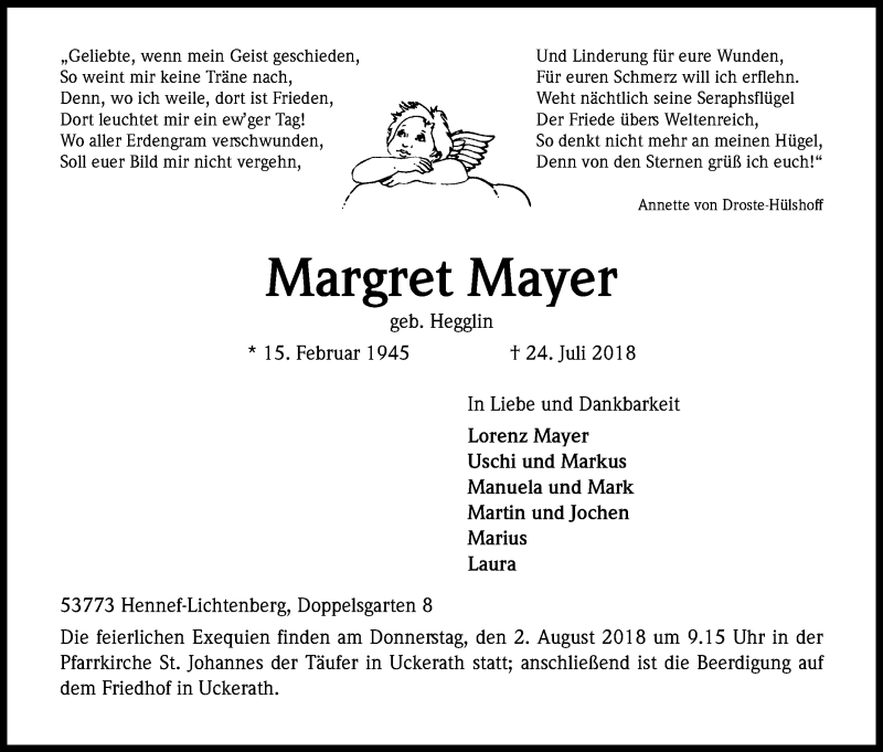  Traueranzeige für Margret Mayer vom 27.07.2018 aus HS